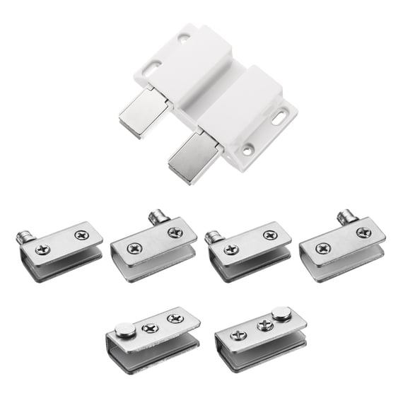 Glass Door Hinge, 1 Set - Stainless Steel Magnetic Catch Latches and Glass Clamps for Double Door (Silver)