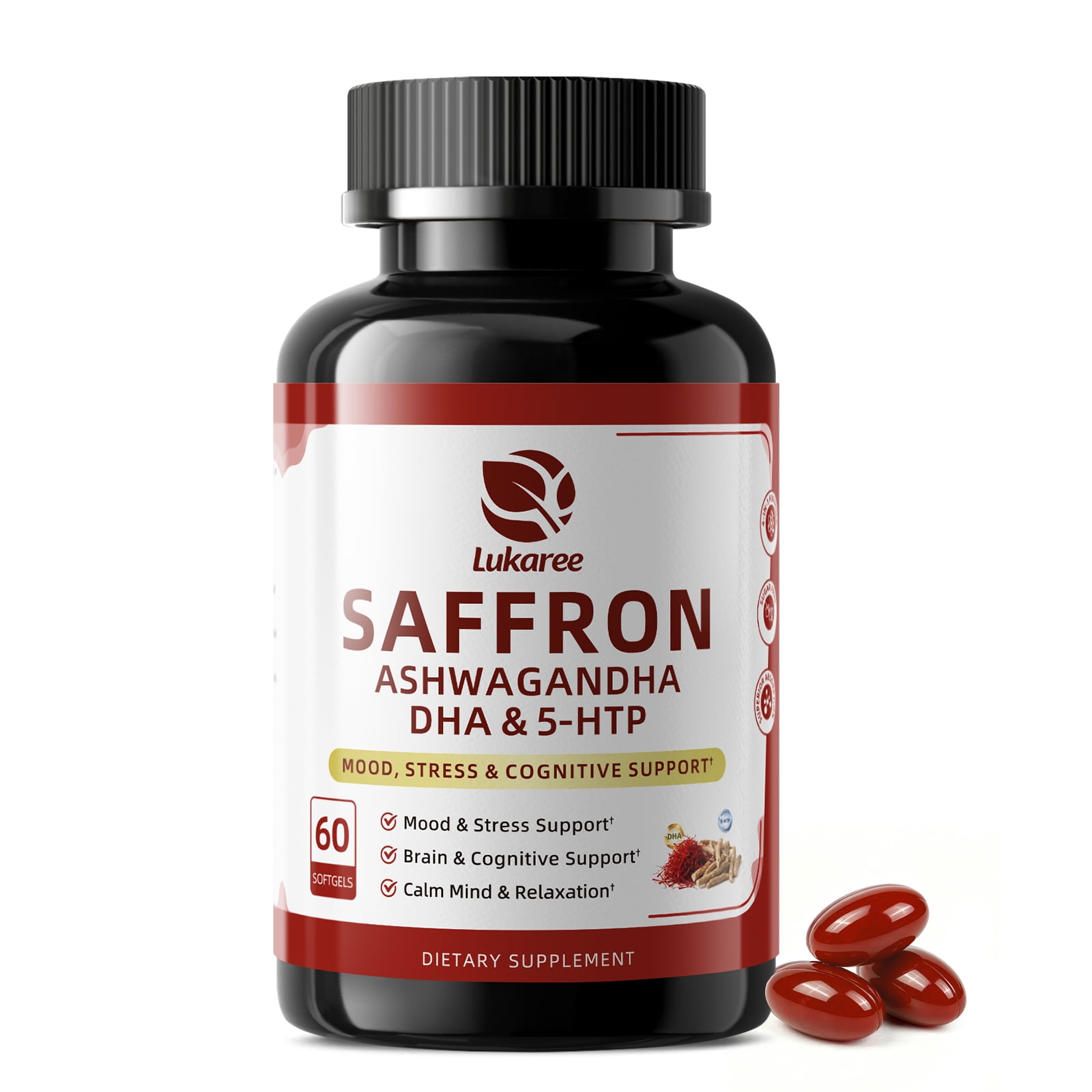 Lukaree 88.5mg Saffron Softgels with Ashwagandha, 5-HTP & Algae Oil DHA for Relaxation, Mood & Cognitive Support, 60 Softgels (30 Servings)
