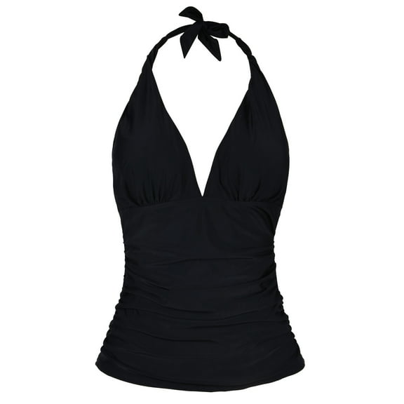 Hilor Women's Plunging V Neck Halter Swim Tops Shirred Tankini Top