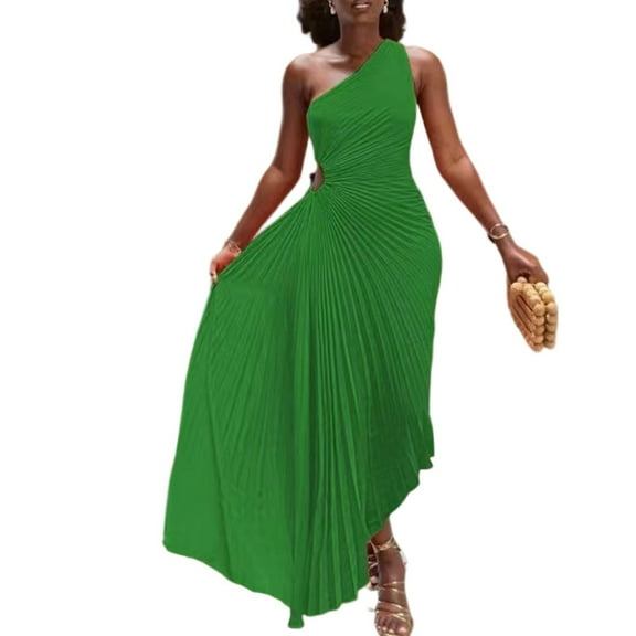Ladies' Fashionable Solid Color Casual Temperament Single Shoulder Sloping Collar Pleated Hollow Out Dress Irregular Hem Long Dress