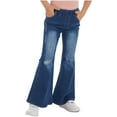 thumbnail image 3 of DPOIS Girls Jeans Denim Elastic Wasit Wide Leg Ruffle Flare Hem Pants Ripped Jeans Dark Blue 6, 3 of 7