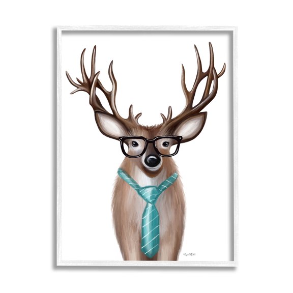 Stupell Industries Funny Deer Necktie & Glasses Portrait Graphic Art White Framed Art Print Wall Art, Design by Elizabeth Tyndall