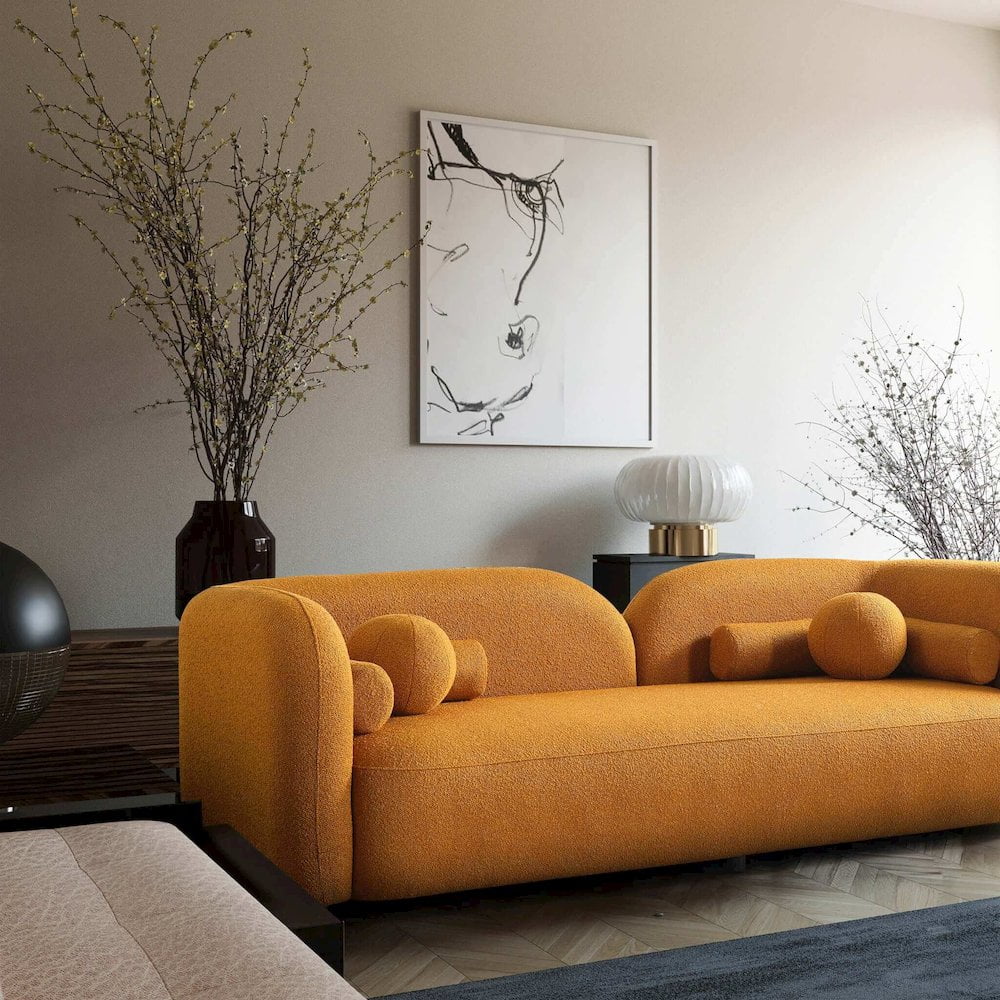 Bodur Japandi Style Luxury Modern Gold Boucle Fabric Curvy Arm Couch
