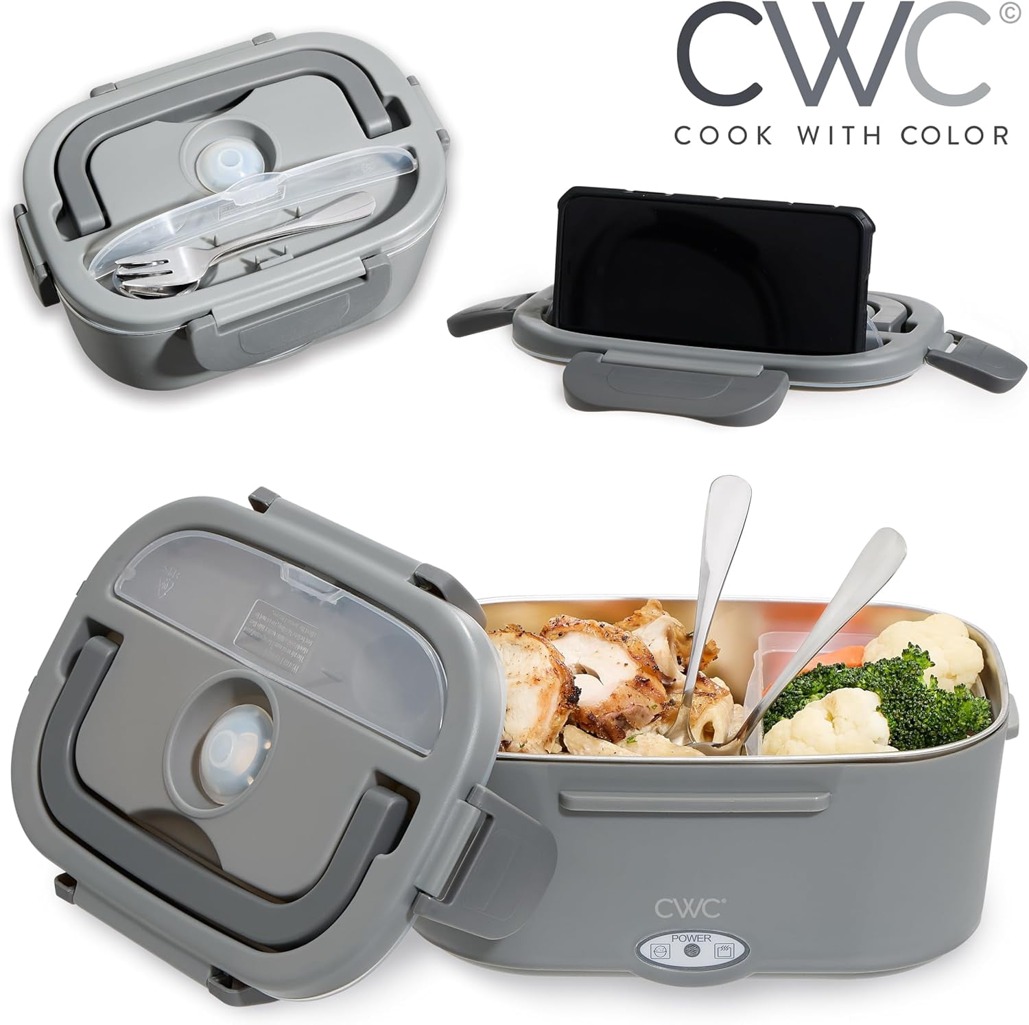 Cook With Color Heated Lunch Box Electric Food Warmer for Adults, Leakproof Insulated Portable Bento Box, 1.5L Grey