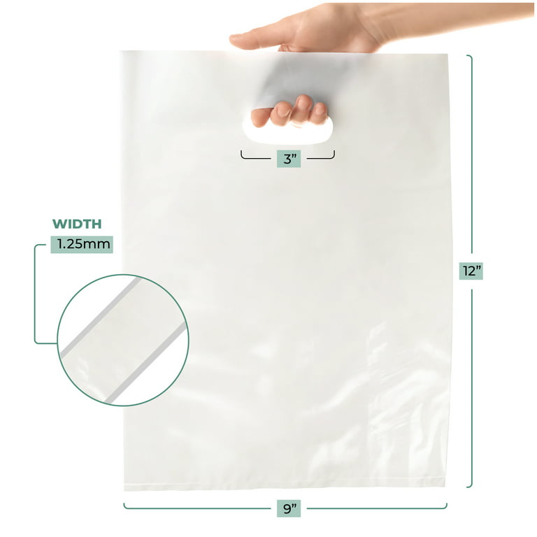 Popular Plastic Bags White Merchandise Plastic Shopping Bags - 100 Pack 9' x 12' with 1.5 Mil Thick | Die Cut Handles | Perfect for Retail, Party Favo