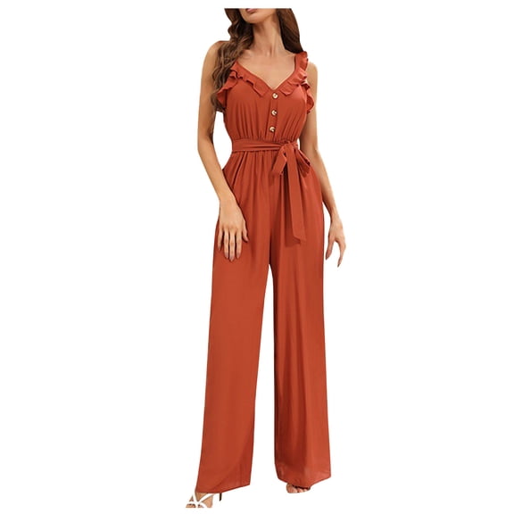 fartey Jumpsuits for Women Summer Dressy Button Solid Color Waist Tie Rompers Ruffle Trim V Neck Sleeveless Vacation Bodysuits