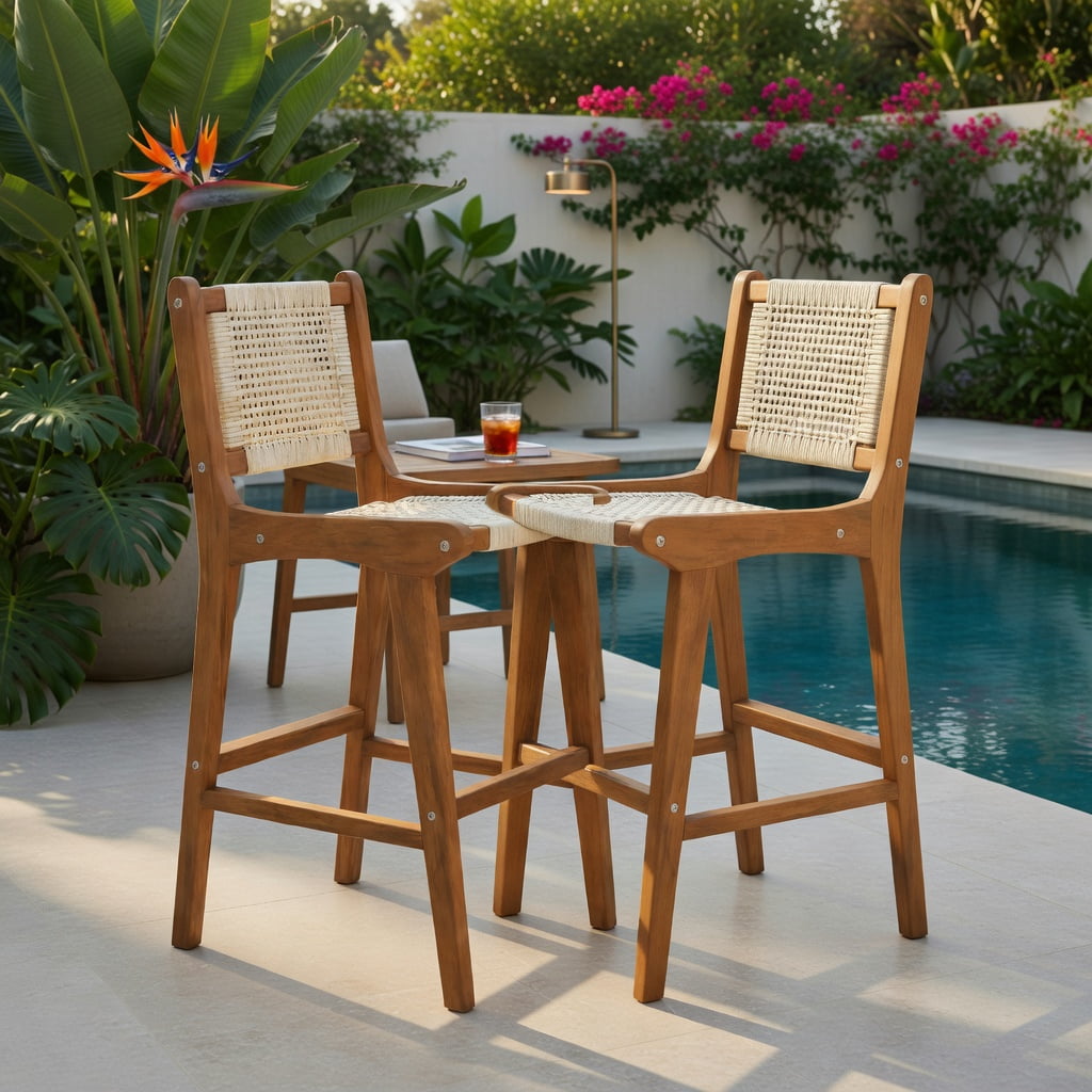 Hommoo Outdoor Counter Height Bar Stool, Teak Wood Frame with Hand-Woven Natural Rattan Seat, 26" Seat Height, Rustic Boho Patio & Kitchen Island Chair, Natural