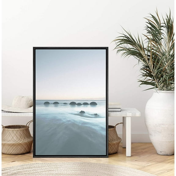 IDEA4WALL Framed Canvas Art Wall Decor Blue Wash Out Rocks by The Sea Coastal Ocean Photography Minimalism Modern Scenic Relax/Calm Duotone for Dorm Home Office - 24"x36"