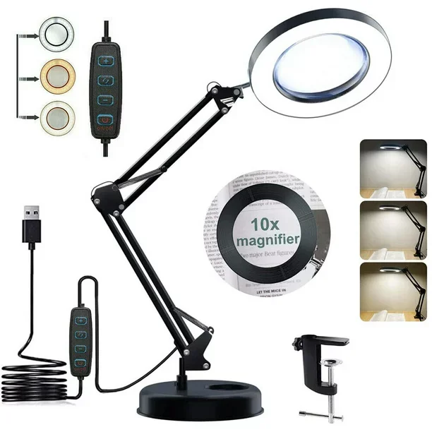 10X Magnifying Glass Desk Lamp Magnifying Glass 72 LED Magnifying Lamp with 3  Color Modes Stepless Dimmable Magnifier Light with Base (Black) 