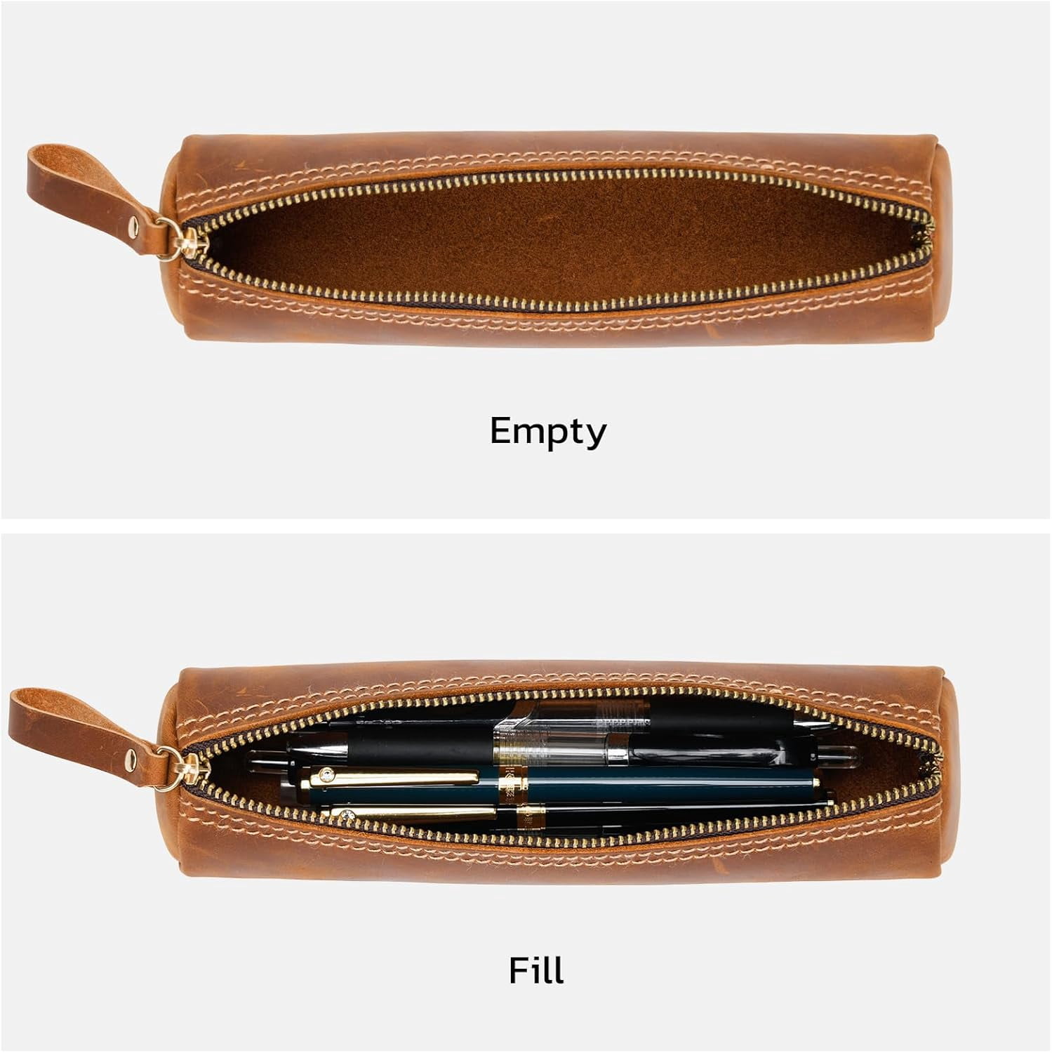 ABPETE Small Pencil Pouch-Genuine Full-Grain Leather Pencil Case for Men- Vintage Leather Pouch for Adults-Stationery Organizer Bag for Work & Travel-Cylinder-Brown