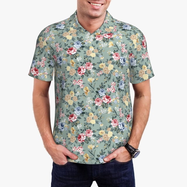 Saiise Polo de Golf pour Hommes à Imprimé de Fleurs Roses, Évacuation de l'Humidité, Séchage Rapide, Polo de Performance à Imprimé pour Hommes-Petit
