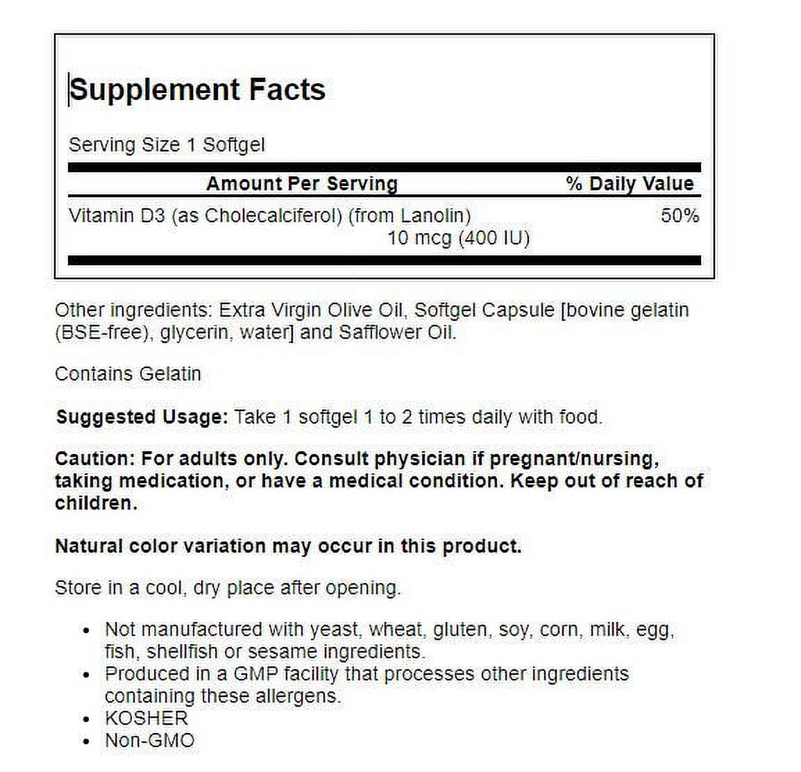 Vitamin D 400 I.U. by Now Foods 180 Softgels - image 2 of 2