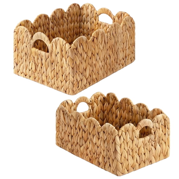 LAQUEDECRAFT Wavy Edges Water Hyacinth Storage Baskets with Handles | Perfect for Towels, Toys & Home Décor in Living Room, Nusery, Bathroom