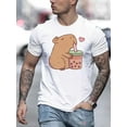 thumbnail image 1 of Men's Casual Capybara Drinking Boba Tea Graphic T-Shirt - Red Crew Neck Short Sleeve, Lightweight Polyester, Summer Relaxation & Outdoor Wear, 1 of 5
