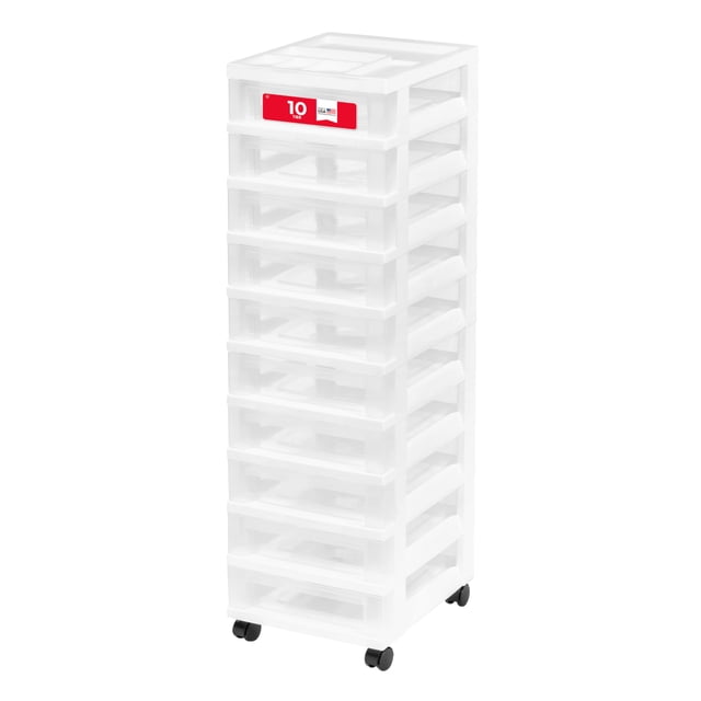 IRIS USA Chariot de Rangement à Tiroirs en Plastique, avec Roues et Roulettes, 10 Tiroirs, pour Fournitures d'Art et d'Artisanat en Classe Commode Garde-Robe Salle de Bain Buanderie, Blanc/transparent