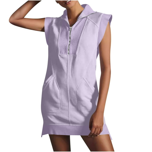 LOVZFMLL Dresses Womens Solid Half Zip Sweatshirt Pocket Patchwork Summer Sleeveless Flip Collar Pullover Mini Dress