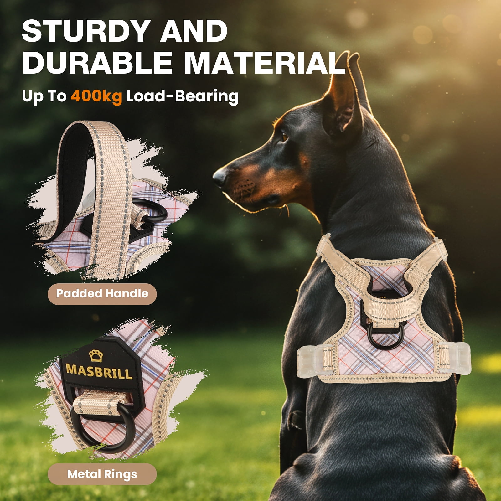 MASBRILL No Pull Dog Harness Reflective Dog Vest Harness with Handle , Breathable Padded Dog Chest Harness Adjustable for Small Dog,New Striped-Beige