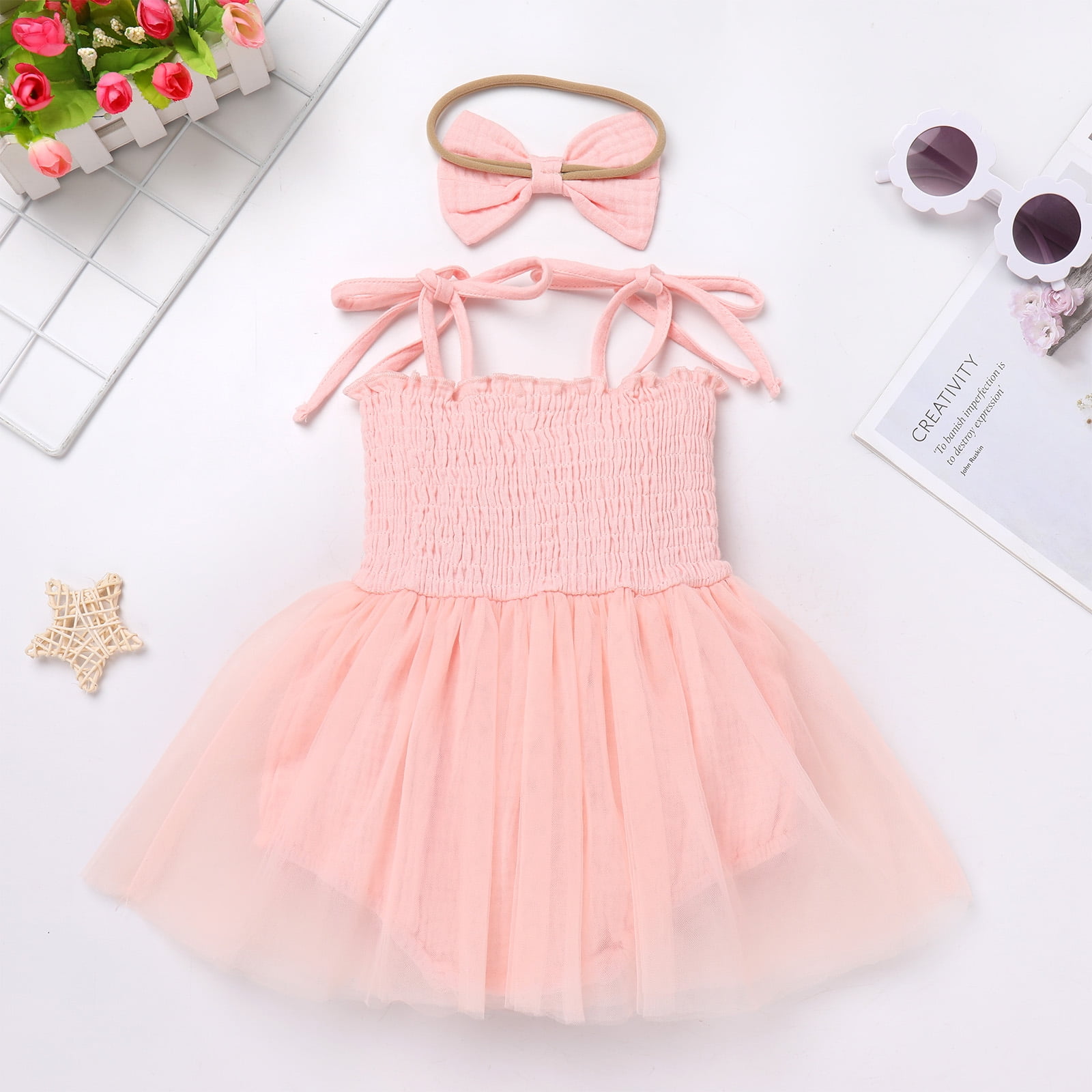 IDOPIP Baby Girls 1st Birthday Outfit Spaghetti Straps Romper Dress with Headband Cake Smash Outfit