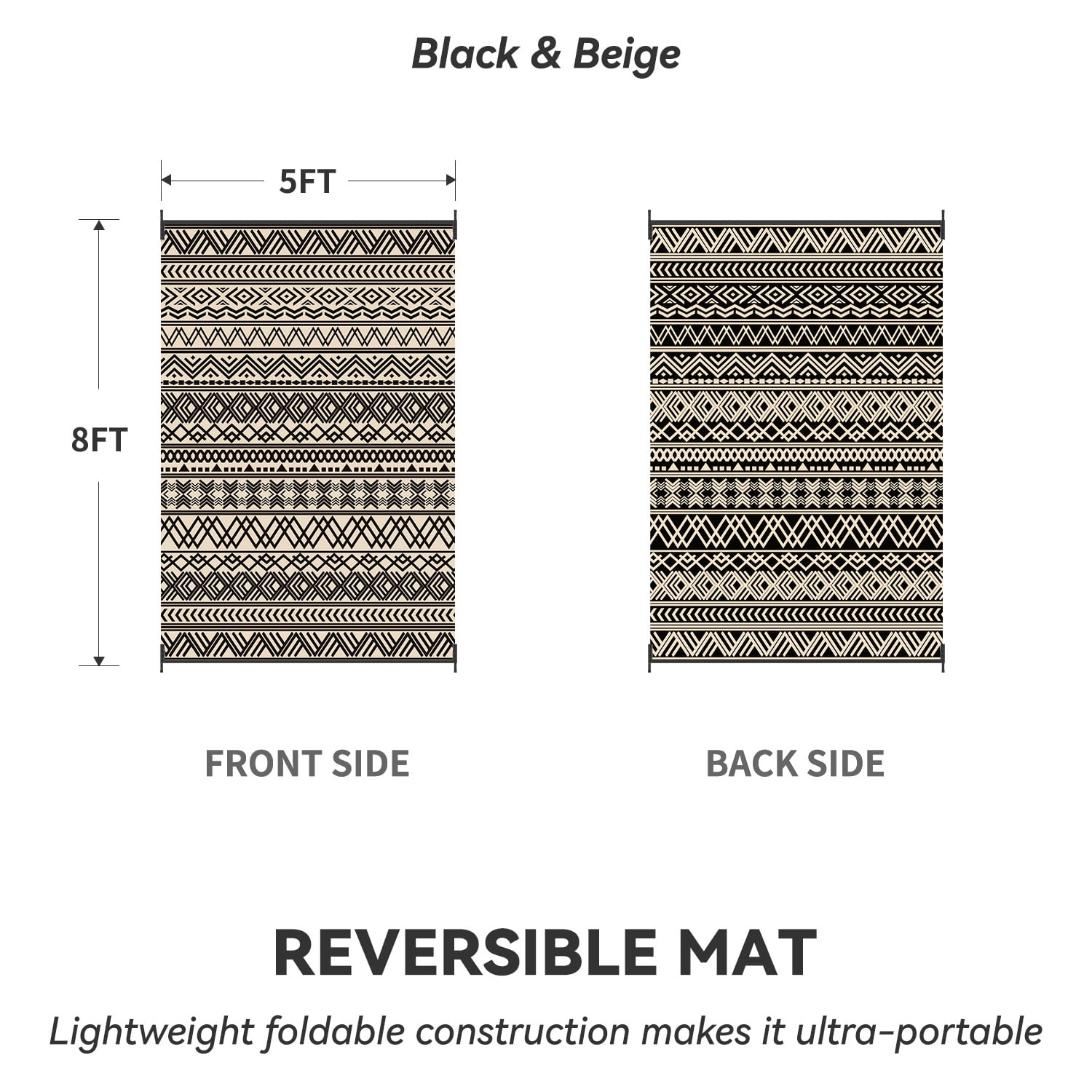 SIXHOME Outdoor Rug 5'x8' Waterproof Reversible Patio Rug Boho Geometric Indoor Outdoor Rugs Lightweight Plastic Straw Ourdoor Carpet for RV Camping Deck Balcony Modern Porch Decor Black and Beige