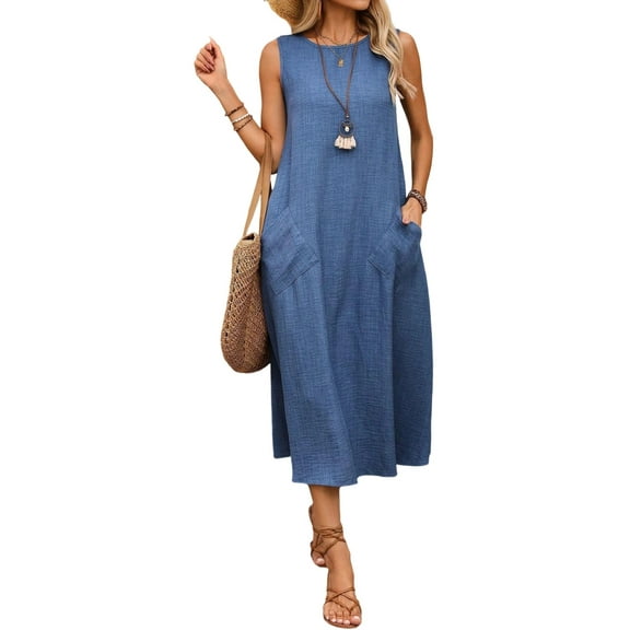 Women’s Sleeveless Crew Neck Loose Fit Maxi Dress Casual Style, Pockets Included