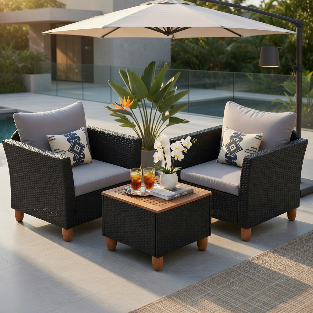 Hommoo 3-Piece Outdoor Wicker Patio Furniture Set with Gray Cushions & Solid Acacia Wood Coffee Table, Gray