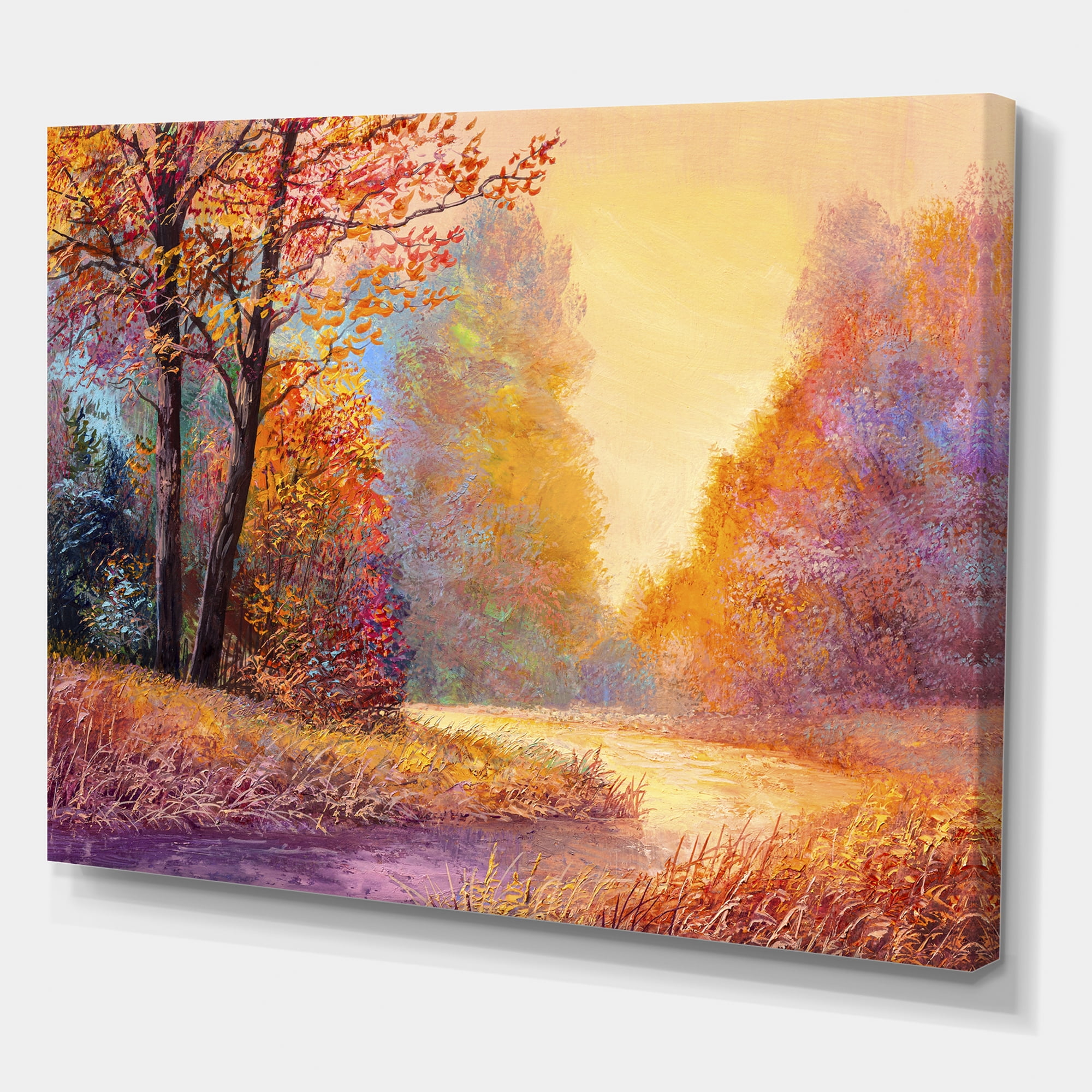 Designart ' The Autumn Forest Orange Leaves Landscape With Path ' Lake House Canvas Wall Art Print