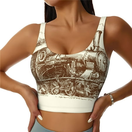 Qokaie Train Pattern Womens Scoop Neck Sports Bra Breathable Workout Vest Padded U Back Medium Impact Fitness Gym Yoga Bra Workout Crop Top-XX-Large