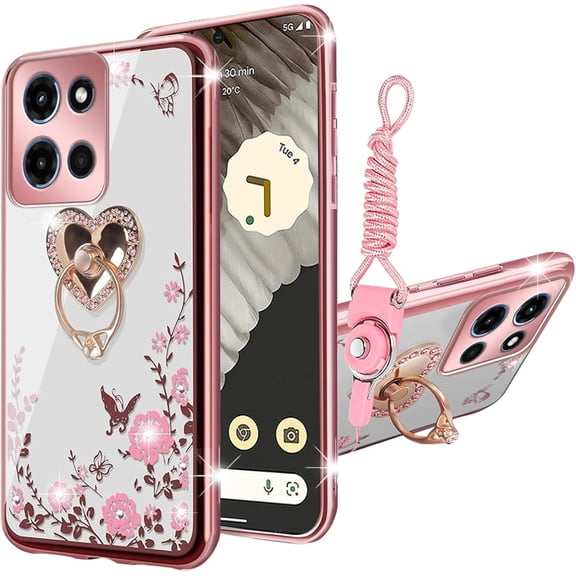 nancheng for Motorola Moto G Stylus 5G 2025 Case (6.7-inch) Cute Girls Women Soft Silicone Pink Phone Case with Ring Stand Shockproof Protection Cover - Rose Butterfly
