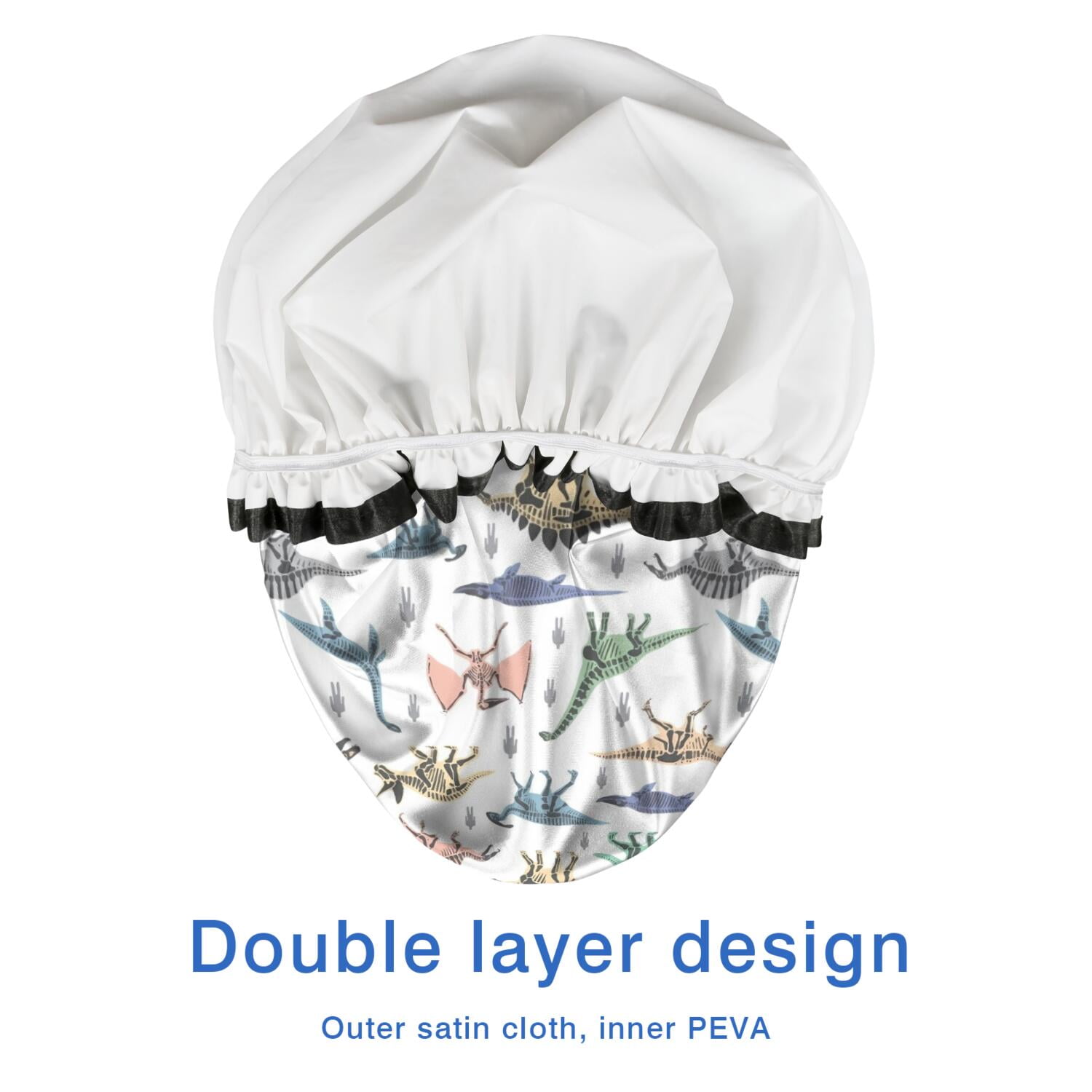 Shower Caps,White Dinosaurs Skeletons Pattern Waterproof Shower Cap for Women 4 Pieces,Double Reusable Hair Cover for Shower PEVA Elastic Stretch Hem