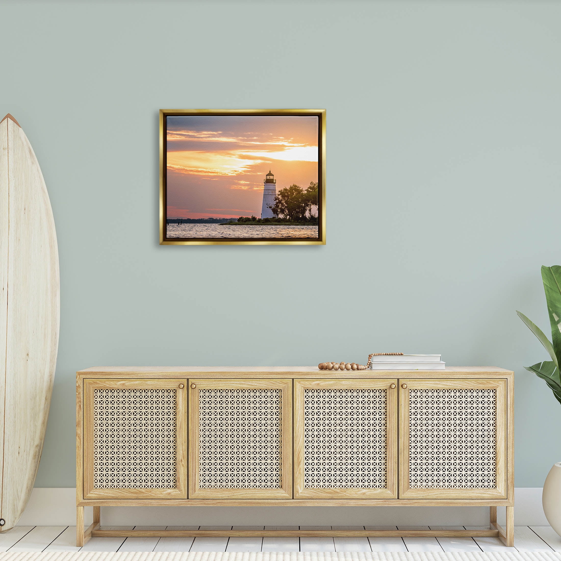 Nautical Lighthouse Sunset Horizon Coastal Photograph Metallic Gold Framed Art Print Wall Art