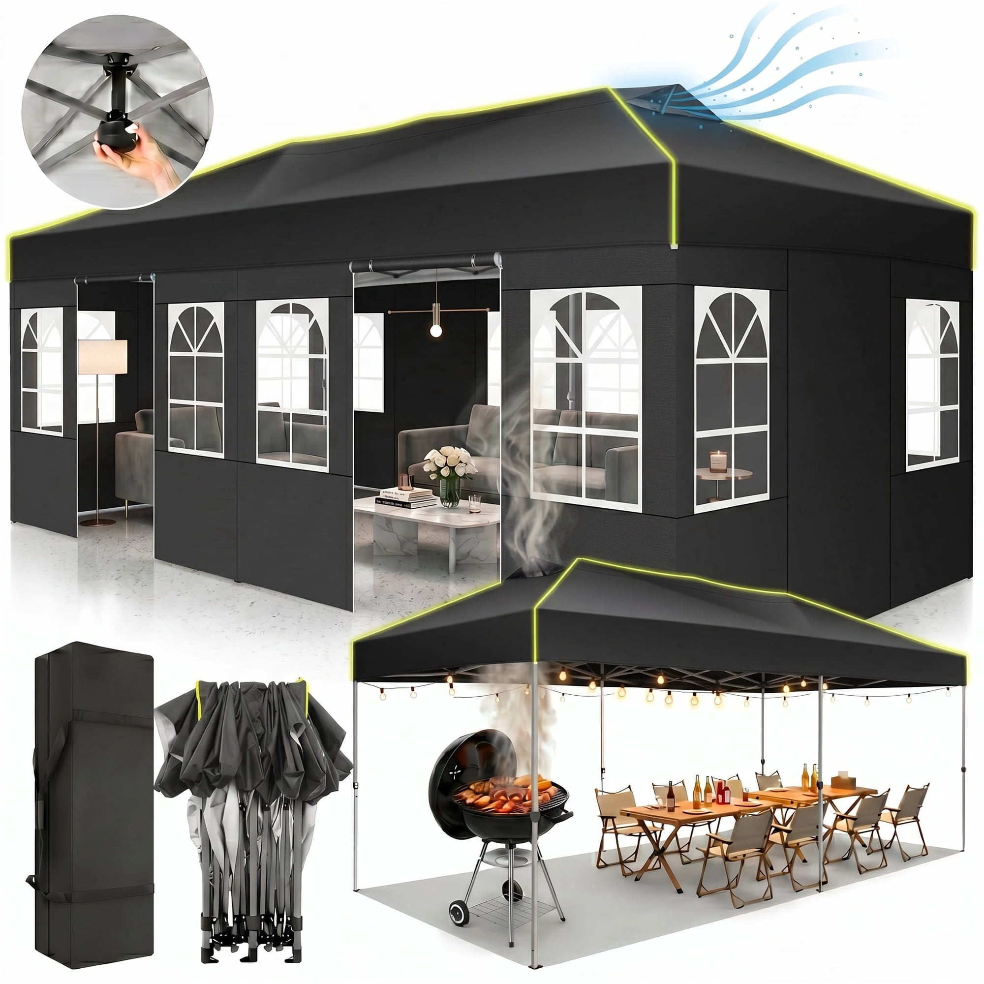 COBIZI 10x20 Pop Up Canopy Tent with 6 Removable Sidewalls, One-Push Setup, Waterproof UPF 50+, Air Vent, 3 Heights, Carry Bag, Sandbags, Stakes & Ropes for Parties, Commercial & Wedding, Black
