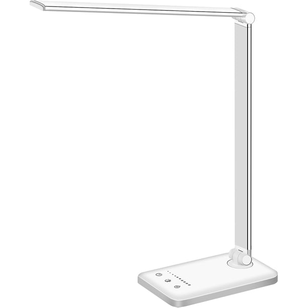 Lámpara de computadora LED de corona blanca, lámpara de mesa regulable, lámpara de lectura con puerto de carga USB, 5 modos de iluminación, control sensible, temporizador de apagado automático de