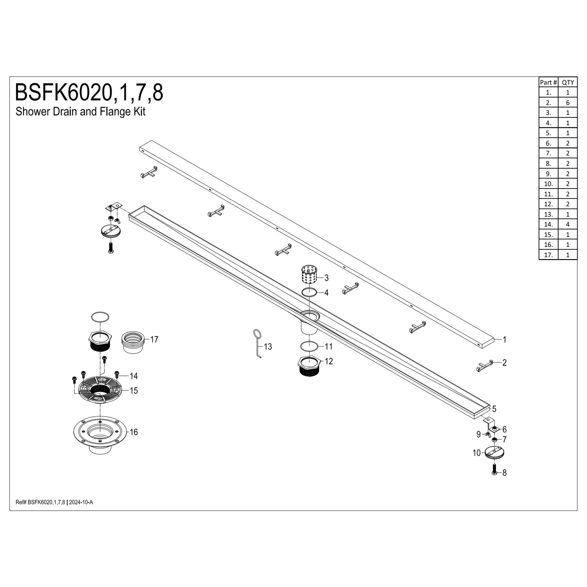 Kingston Brass BSFK6020 Watercourse 60-Inch Stainless Steel Linear Shower Drain with Reversible Tile Insert and Flat Grate, Drain with Base Flange and Hair Strainer in Matte Black