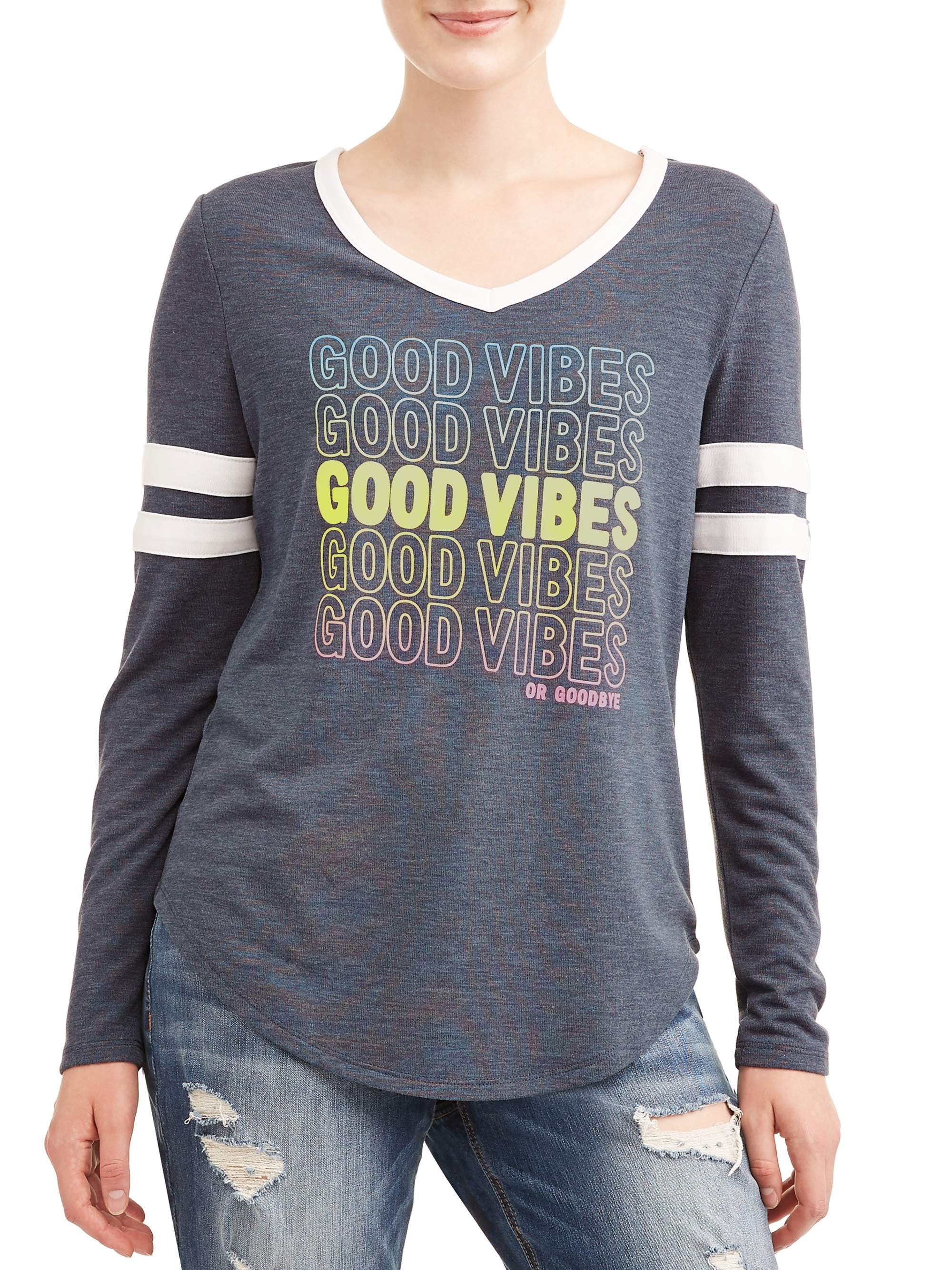 Juniors' Graphic Varsity Stripe Long Sleeve VNeck TShirt