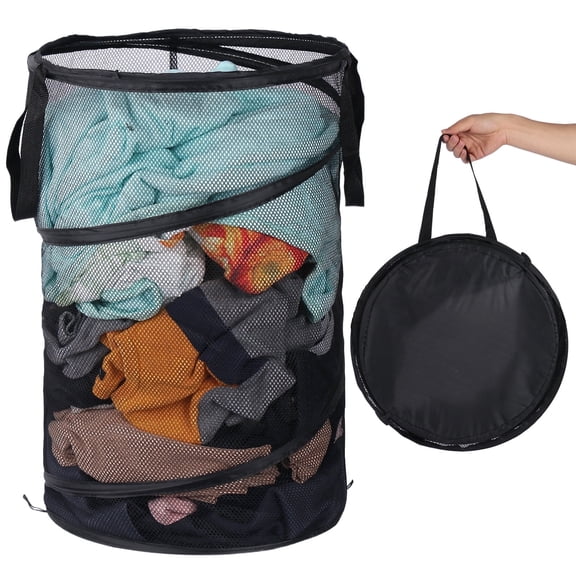 Okaka Pop-Up Collapsible Mesh Laundry Hamper Foldable Dirty Clothes Basket Black 75L
