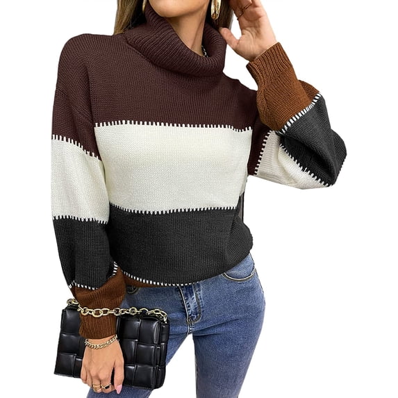 YAZI Women's Sweaters Casual Long Sleeve Crewneck Color Block Patchwork Pullover Knit Sweater Tops