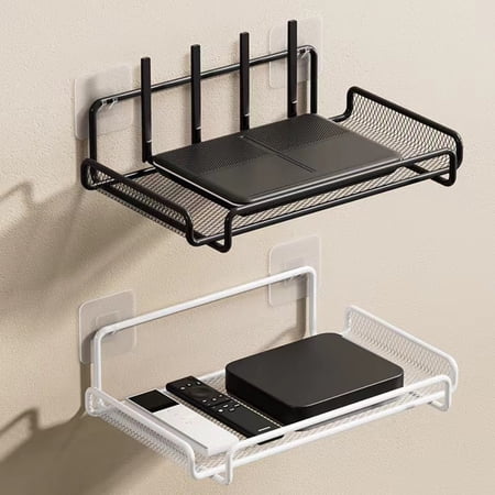 Wall Mounted Metal Storage Rack | Router & Set Top Box Shelf | No-Drill Punch Free Organizer with 2 Nonmarking Hooks | Black or White | 30x17x6cm | Sturdy Drainage Design | Multi-Use for Home  TV