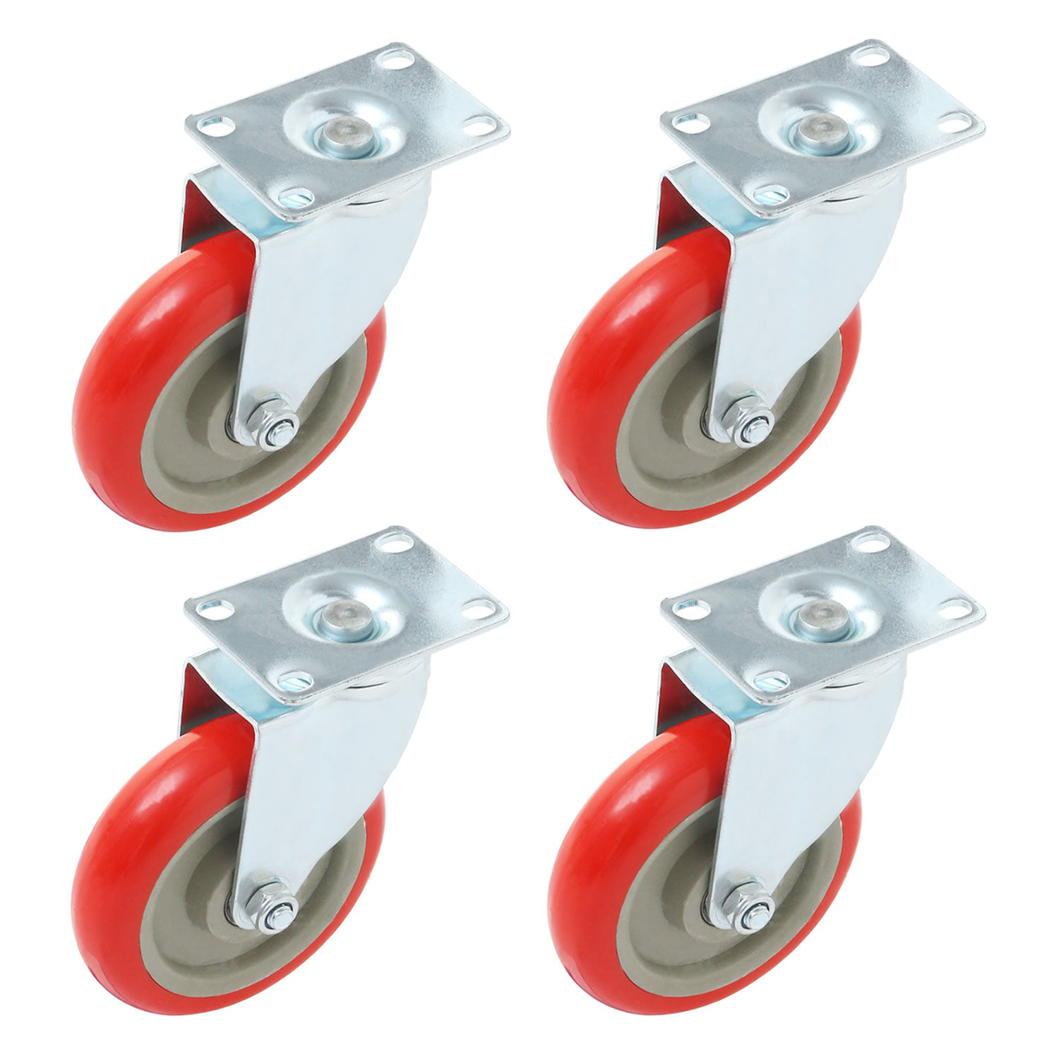 Heavy Duty 4 inch Swivel Plate Caster Red Polyurethane Wheels （Pack of 4）NEW CA 