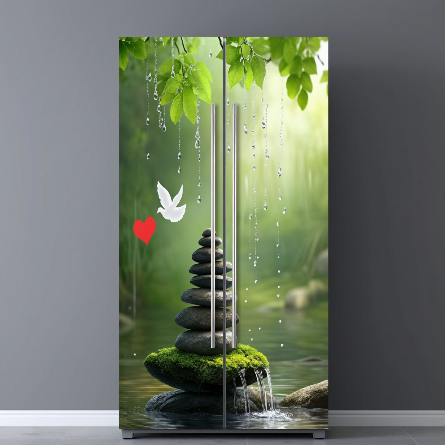 Self Adhesive Vinyl Refrigerator Wrap Set Zen Stones Waterfall Green Leaves Tranquil Setting Spiritual Door Mural Removable Fridge Sticker Peel and Stick&nbsp;Full Door Cover Decal Kitchen Bar Decor