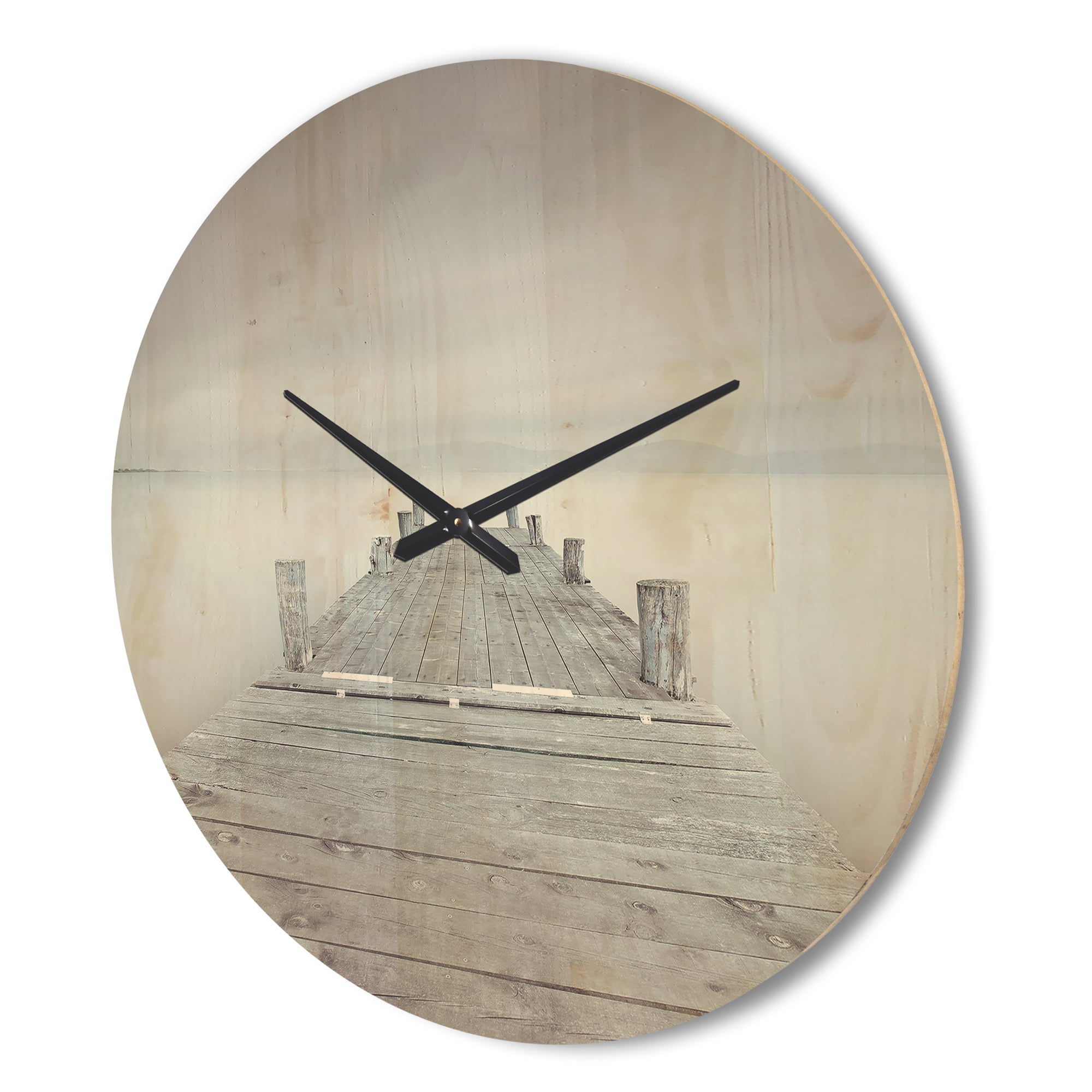 Designart 'Wooden Pier On Lake in Cloudy Mood ' Modern Wood Wall Clock