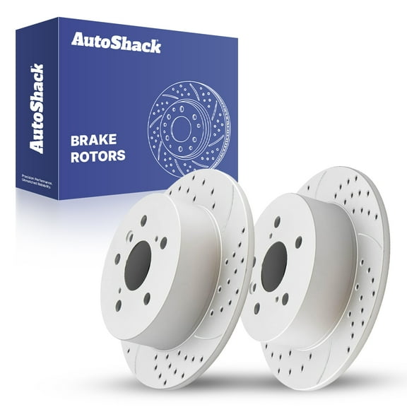 AutoShack Rear Solid Drilled & Slotted Coated Brake Rotors Silver Matte Finish 2-PC Set Replacement for 2012-2017 Toyota Camry 2013-2018 Lexus ES350 2013-2018 Toyota Avalon TurboGuard 11.06" (281 mm)