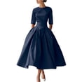 thumbnail image 1 of Robes Trapèze pour Femmes Manches 3/4 Col Ras du Cou Robes Plissées Été Robe Maxi Décontractée, S, 1 of 4