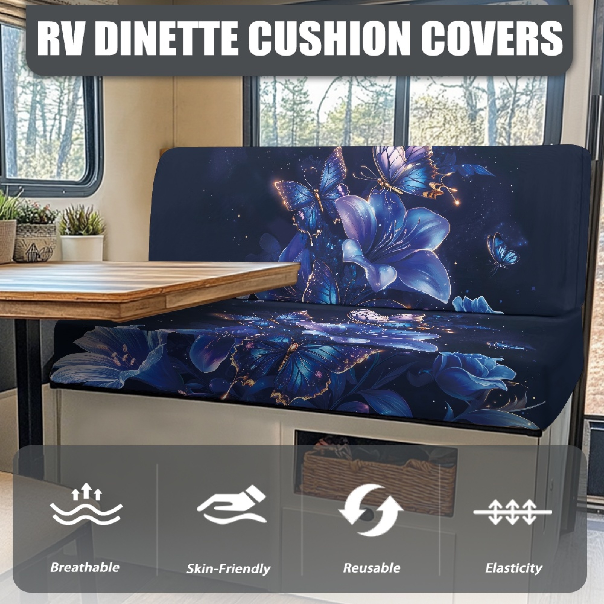 FOR U DESIGNS Butterfly Lily Pattern 2 Pieces RV Dinette Cushion Covers,Washable Camper Cushion Slipcovers Replacement Sofa Cushions Slipcovers for Travel Trailer Couch