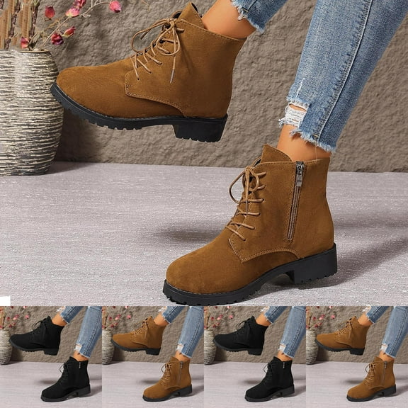 LOVZFMLL Boots for Women Ankle Booties Side Zipper Round Toe Slip Resistant Low Chunky Heel Lace Up Fall Winter Fashion