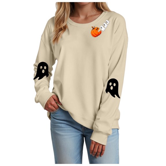 Duqingm Halloween Shirts for Women Cute Ghost Graphic Crewneck Sweatshirts Oversized Long Sleeve Spooky Pullover Sweaters,2XL