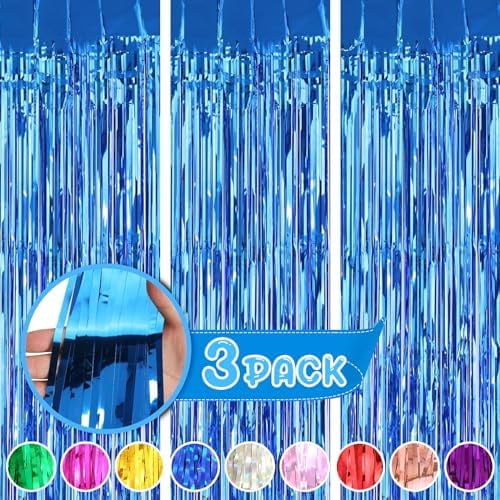 3Pack Blue Foil Fringe Curtain Backdrop - 3.3ft x 8.3ft Metallic Tinsel Photo Booth Decor for Bluey Birthday Decorations