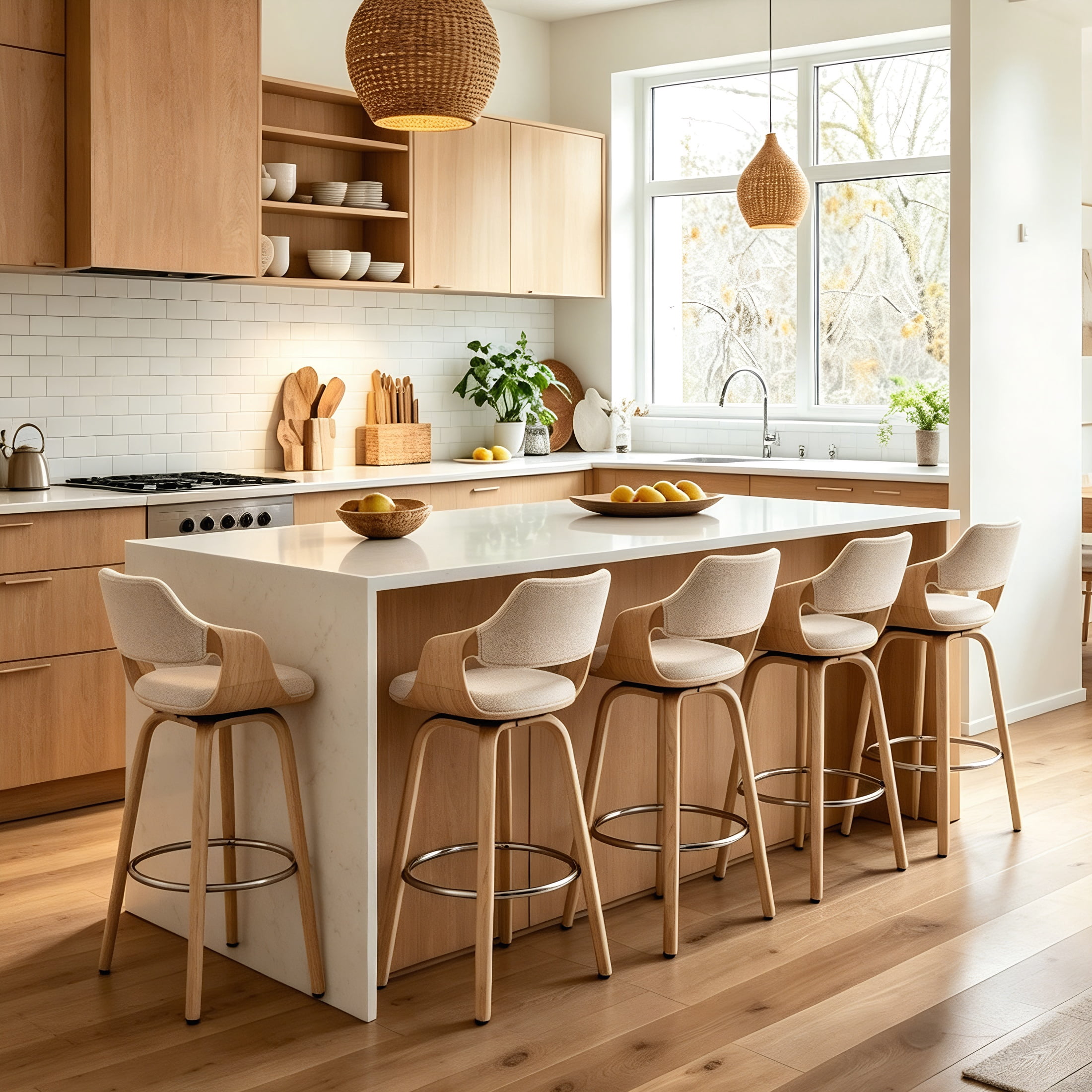 Guyou 26" Swivel Counter Stools Set of 2, Modern Barrel Chenille Kitchen Island Stools, Farmhouse Solid Wood Counter Height Barstools, Bar Height Island Chairs with Back and Wood Frame, Beige