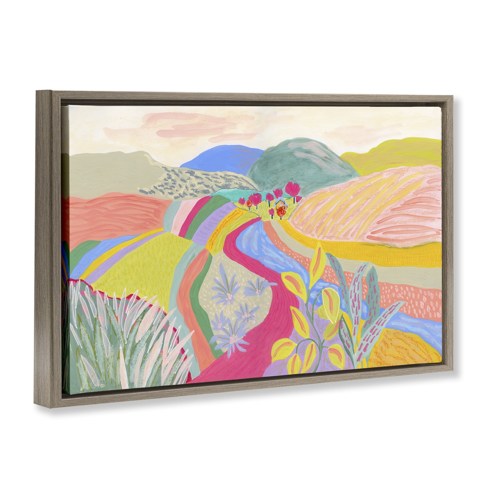 Stupell Industries Whimsical Hued Farmland Landscape & Nature Painting Brown Floater Framed Canvas Art Print Wall Art, 25 x 17