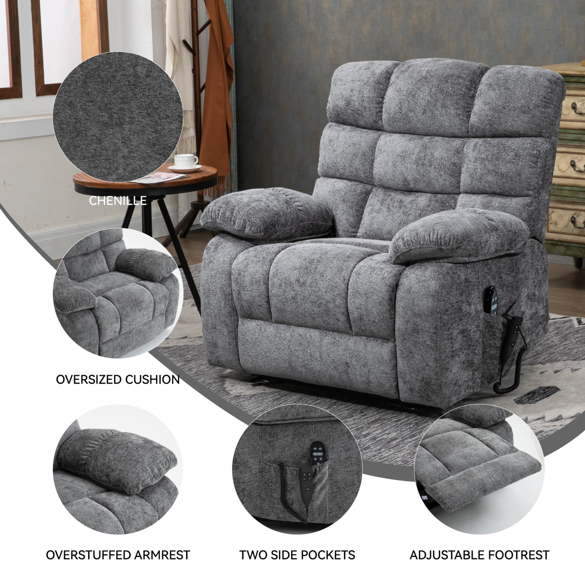 Leumius Large Power Lift Recliner Chair for Elderly,Heavy Duty Chenille Recliners with Massage and Heating for Living Room,Gray