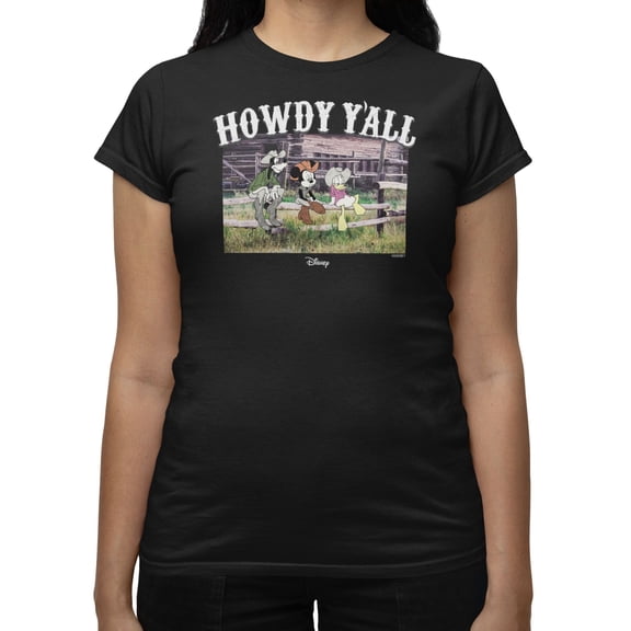 Disney Mickey Mouse Women's Howdy Yall Fence Post Photo Groupshot T-Shirt (Black, S-XXL)